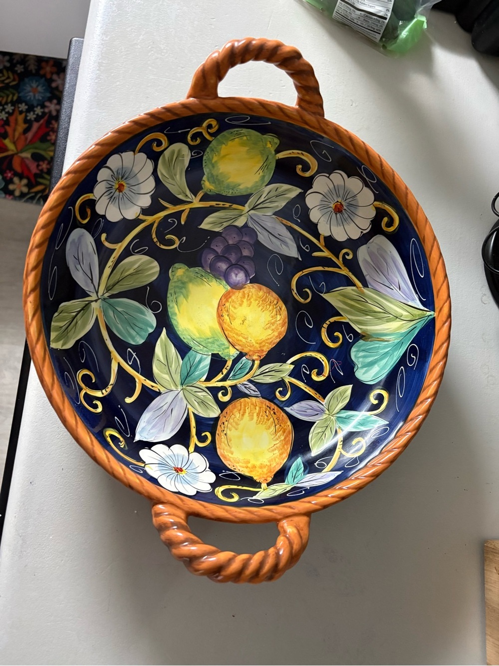 Hand-Painted Lemon Ceramic Serving Bowl - Navy & Orange